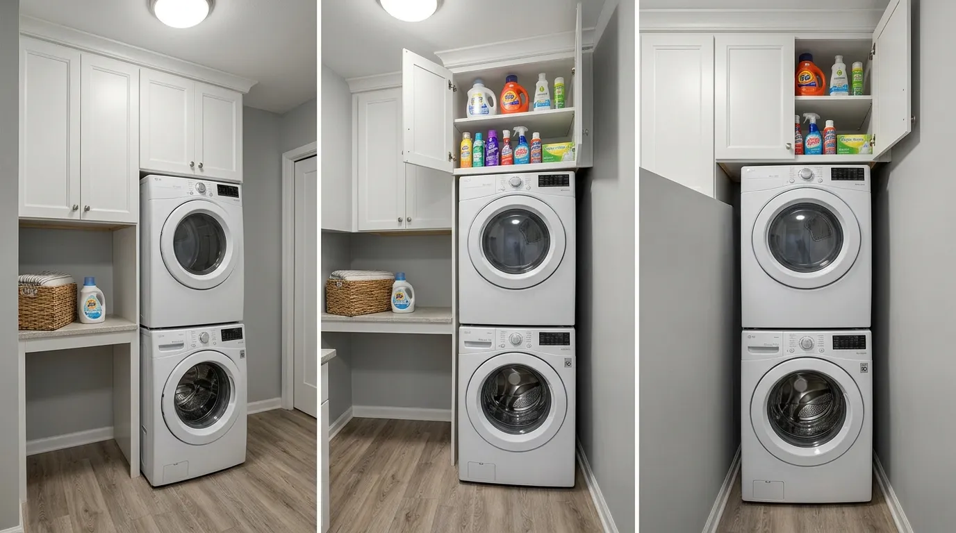 Image: Transparent jars for detergents, powders, and pods arranged on a shelf.