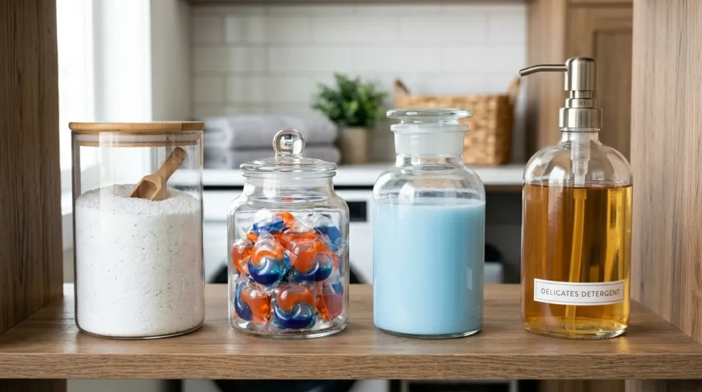  Image: Transparent jars for detergents, powders, and pods arranged on a shelf.
