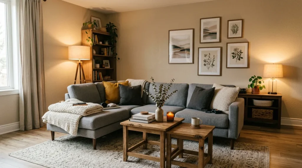 A living room featuring beige walls, a gray sofa, and wooden coffee tables, accented by soft lighting.
