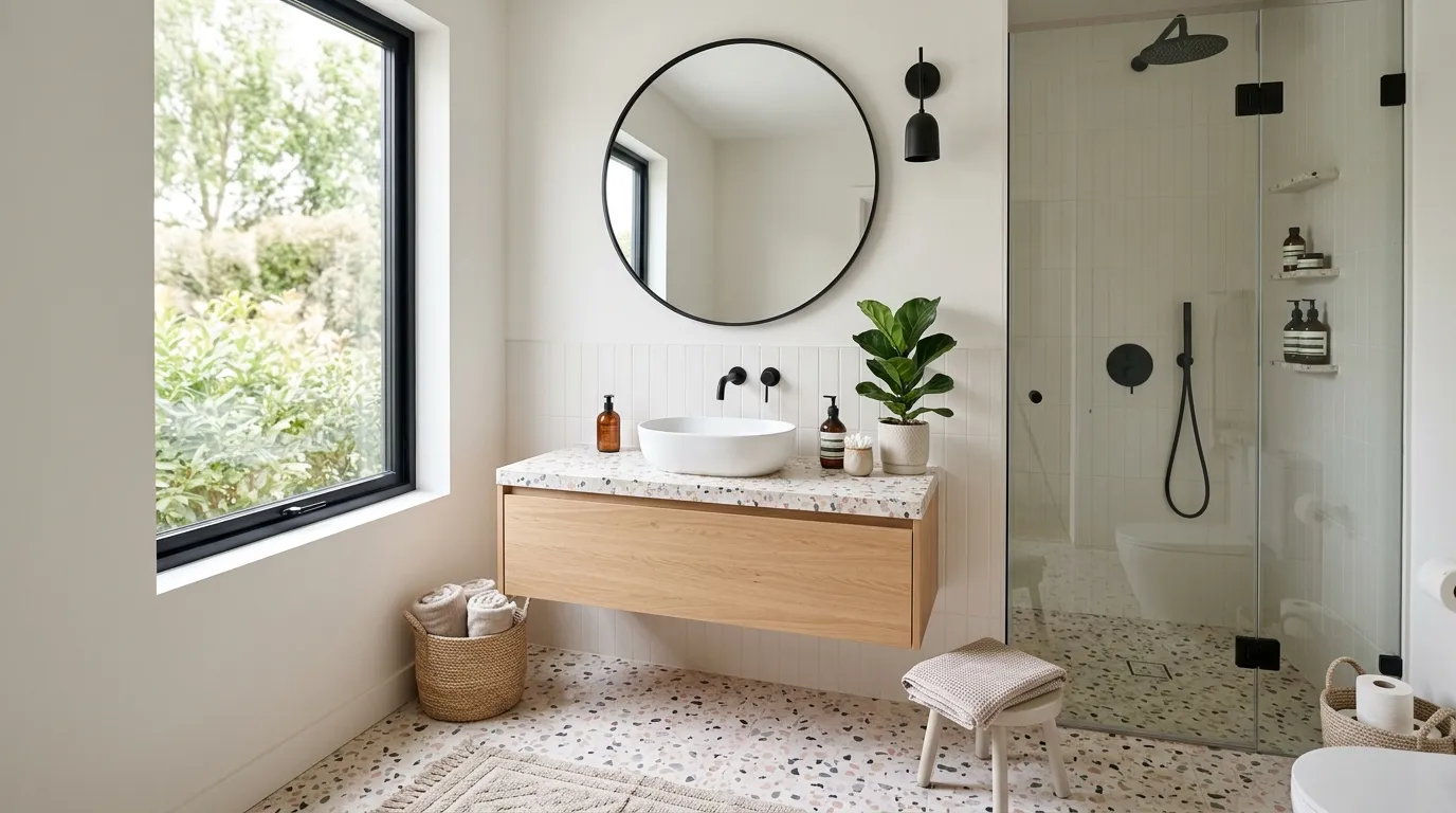 “A modern, stylish bathroom interior featuring terrazzo design elements, including terrazzo flooring and a matching vanity countertop. The space has a trendy, airy aesthetic with soft natural lighting coming through a large window. Minimalist decor with sleek black or brass fixtures, a round mirror with a thin frame, indoor plants for freshness, and neutral tones like white, beige, and soft gray. The terrazzo pattern is colorful yet balanced with subtle specks of pastel pink, grey, and beige. Ultra-realistic, high-end interior design photography, 4K resolution, Pinterest aesthetic, clean composition, soft shadows, luxurious yet cozy vibe.”